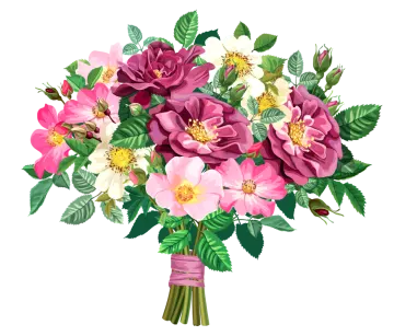 a bouquet with pink flowers and green leaves