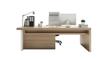 a wooden desk with a computer on it