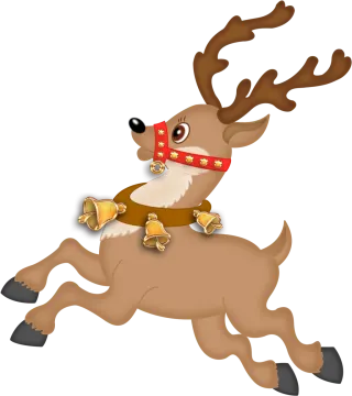 a reindeer running with a bell in its mouth