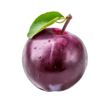 a plum with a leaf on top of it