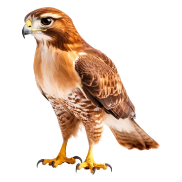 a brown and white bird with yellow feet