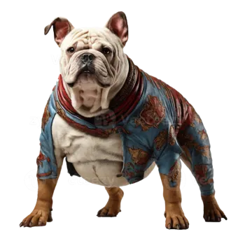 a dog wearing a blue shirt with a red collar