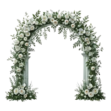 a floral arch with white flowers and greene