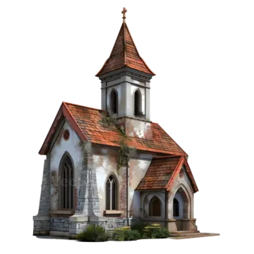 an old church with a red roof