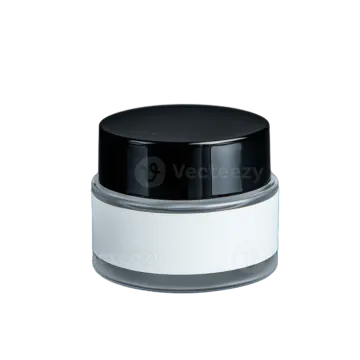 a white jar with a black lid