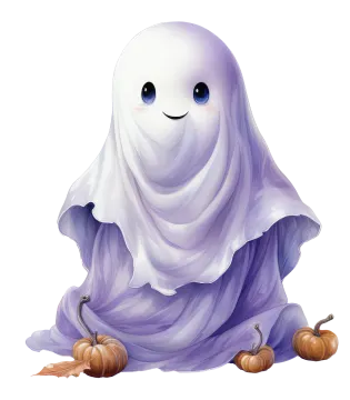 a ghost sitting on the ground next to pumpkins