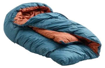 a blue sleeping bag on a white background