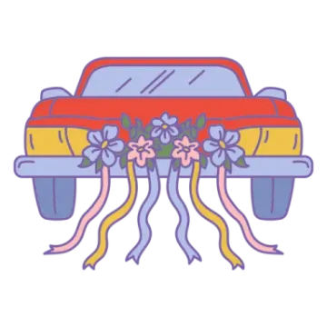 a car with ribbons tied around it