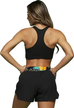 a woman wearing a black sports bra top and shorts