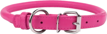a pink leather dog collar with silver buckle