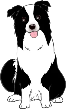a black and white dog with red eyes