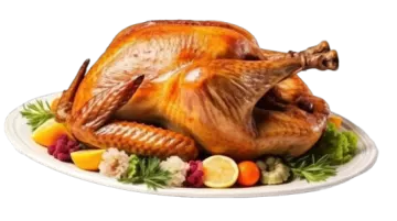 a turkey sitting on top of a white plate