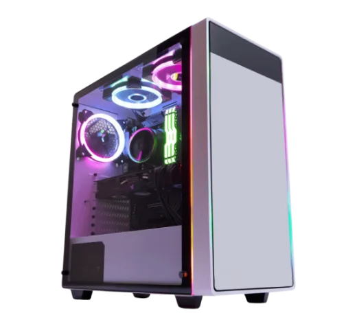 a computer case with a white and purple light