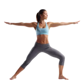 a woman is doing yoga on a white background
