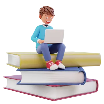 a person sitting on top of books with a laptop