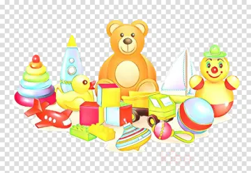 a teddy bear and other toys on a transparent background
