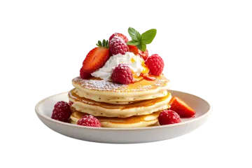 a white plate topped with pancakes and berries