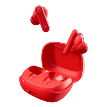 a pair of red earphones on a white background