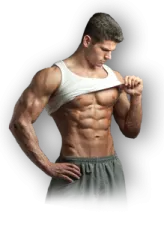 a man in a white tank top and gray shorts