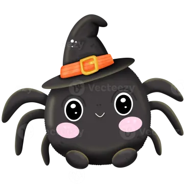 a black spider with a witch hat on its head