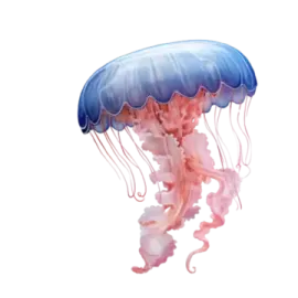 a blue and pink jellyfish swimming in the ocean