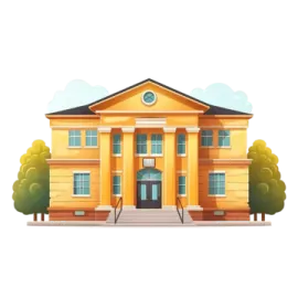 a yellow school building with trees and bushes