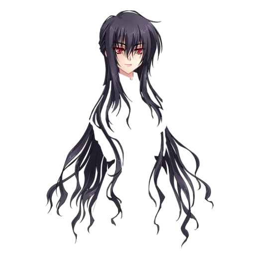 an anime girl with long black hair and red eyes