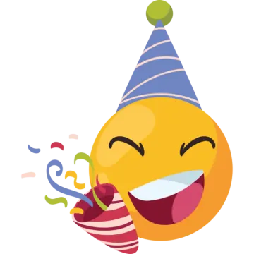 a smiley face wearing a party hat and holding a birthday cake