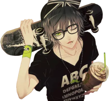 a boy with glasses and a hat holding a skateboard