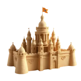 a sand castle with an orange flag on top