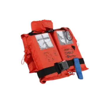 an orange life jacket with a blue bag on it
