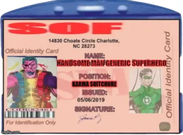 a blue plastic id badge with a picture of a man