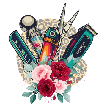 a bunch of hair products with roses and scissors