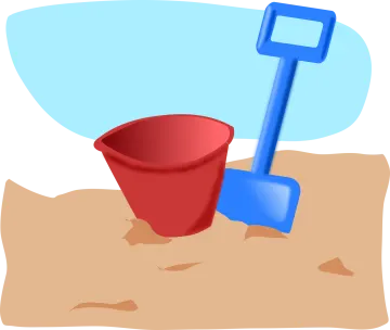 a red bucket and shovel in the sand