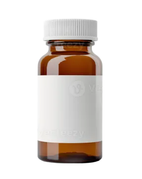 a glass bottle with a white label on it