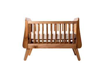 a wooden cribt with white sheets on it