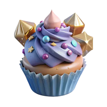 a cupcake with purple frosting and gold stars on top