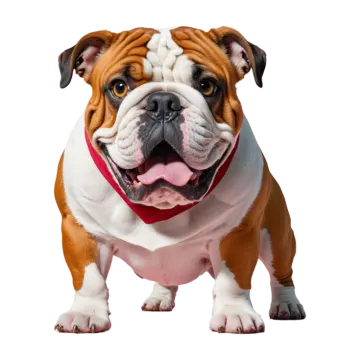 a brown and white dog with a red collar