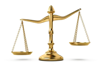 a golden balance scale on a white background
