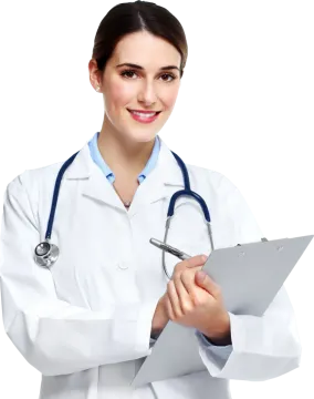 a female doctor holding a clipboard and smiling at the camera isolated on a white background photo