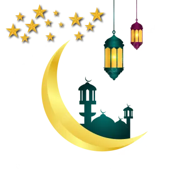 a crescent with lanterns and stars hanging from it