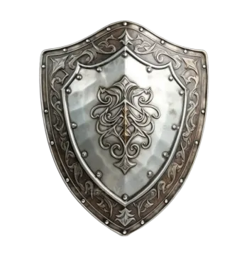 a metal shield with an ornate design on it