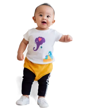 a baby wearing a white shirt and black pants