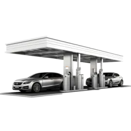 a silver car is parked at a gas station