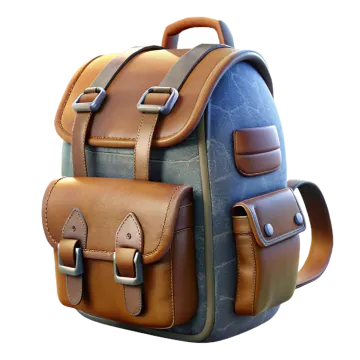 a brown and blue backpack with leather straps