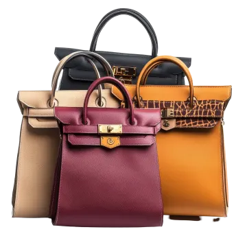 a row of hermes handbags