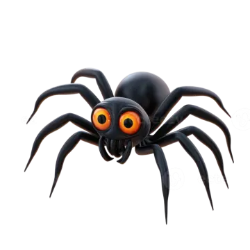 a black spider with orange eyes