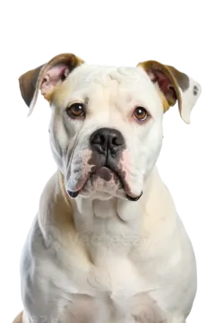 a white and brown dog sitting on top of a table