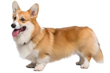 a brown and white dog with its tongue out