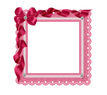 a pink frame with a red ribbon and bow